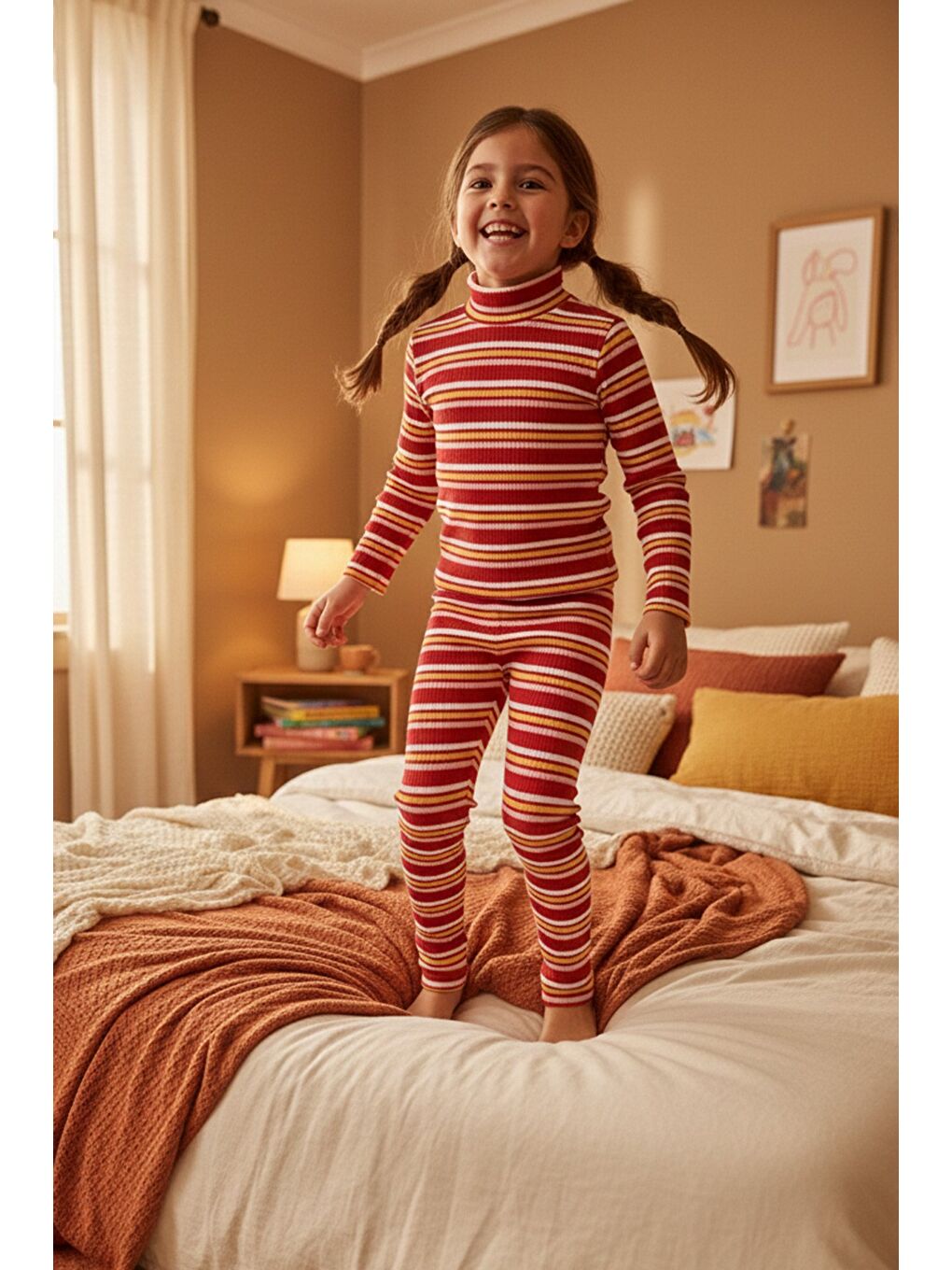 Bordo Çizgili Dik Yaka Kız Çocuk Takım-1