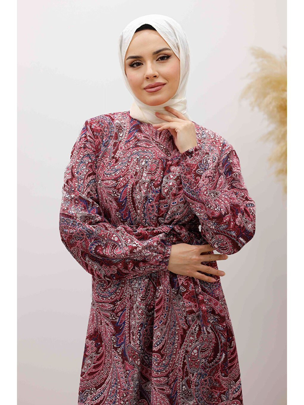 Desenli Robalı Elbise TSD250267 Bordo-1