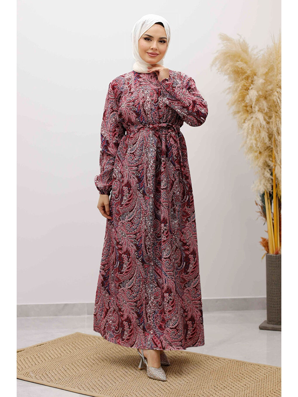 Desenli Robalı Elbise TSD250267 Bordo-2