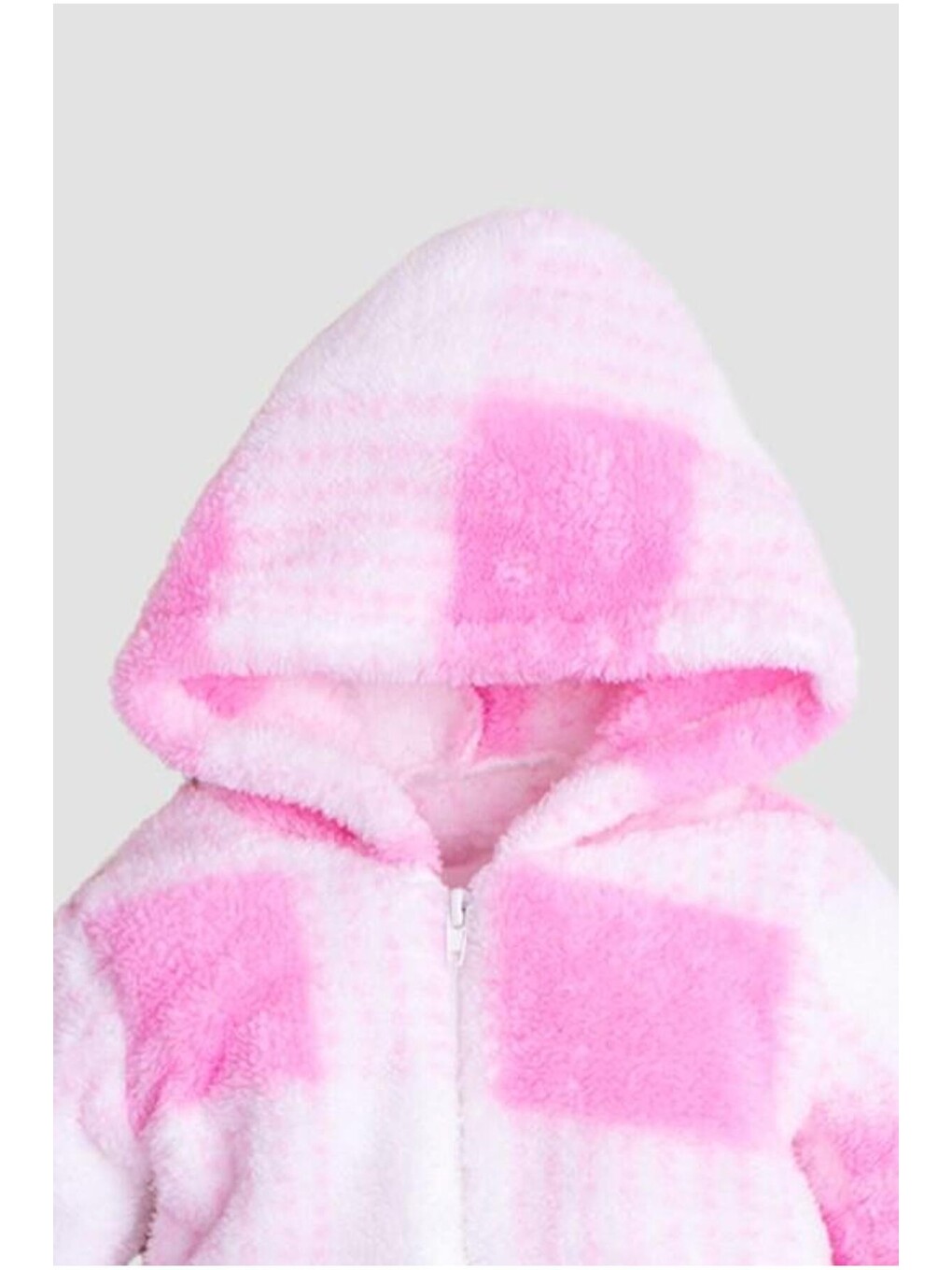 Pembe Kız Bebek Welsoft Kapüşonlu Ekose Desenli Fermuarlı Pelüş Tulum Kışlık Yumuşak Polar Tulum-1