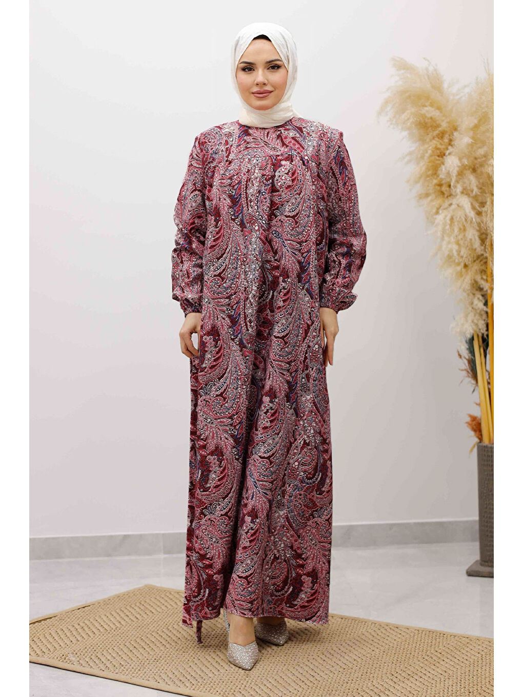 Desenli Robalı Elbise TSD250267 Bordo-3