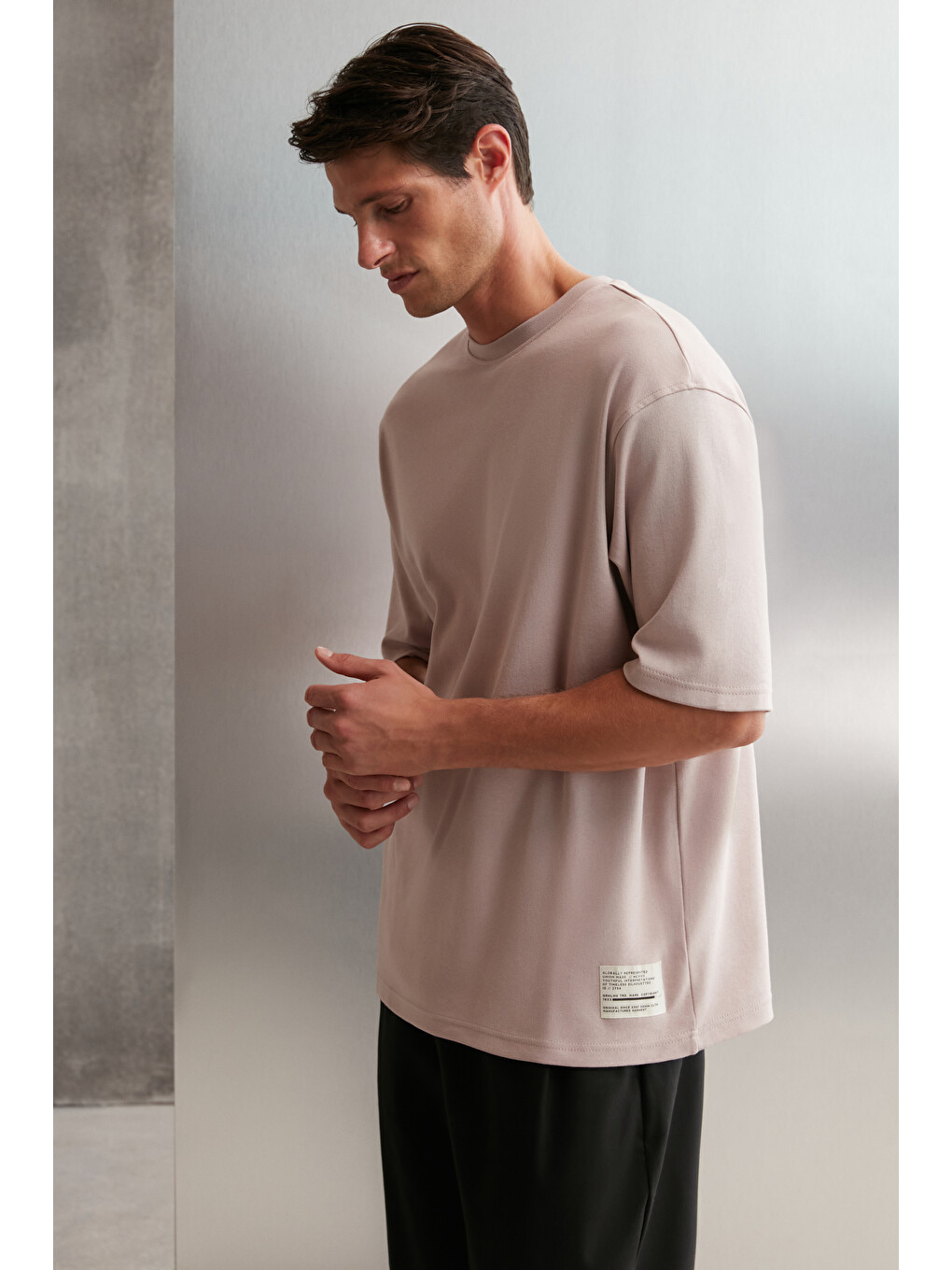 Pembe JOEL Erkek %100 Organik Pamuklu Kalın Kumaşlı Özel Dokulu Etiket Detaylı Oversize PEMBE T-Shirt-3