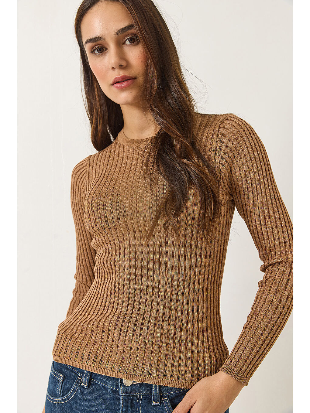 Kahverengi Kadın Ajurlu Bisiklet Yaka Metalik Simli Bluz