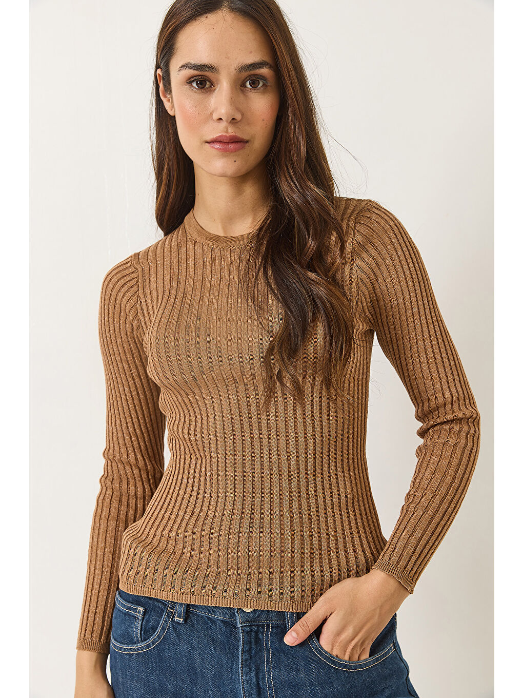 Kahverengi Kadın Ajurlu Bisiklet Yaka Metalik Simli Bluz-1