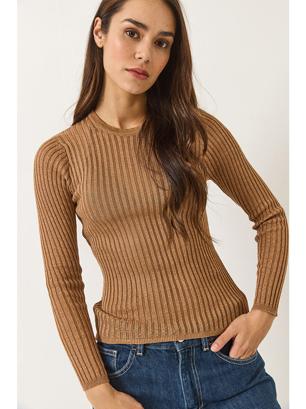 Kahverengi Kadın Ajurlu Bisiklet Yaka Metalik Simli Bluz-2