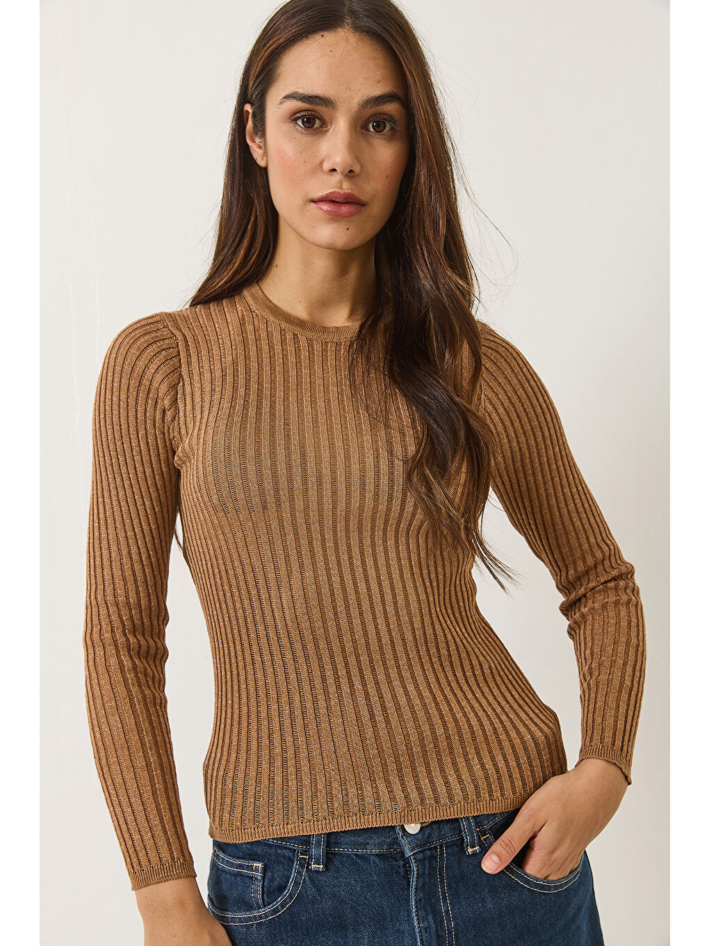 Kahverengi Kadın Ajurlu Bisiklet Yaka Metalik Simli Bluz-3