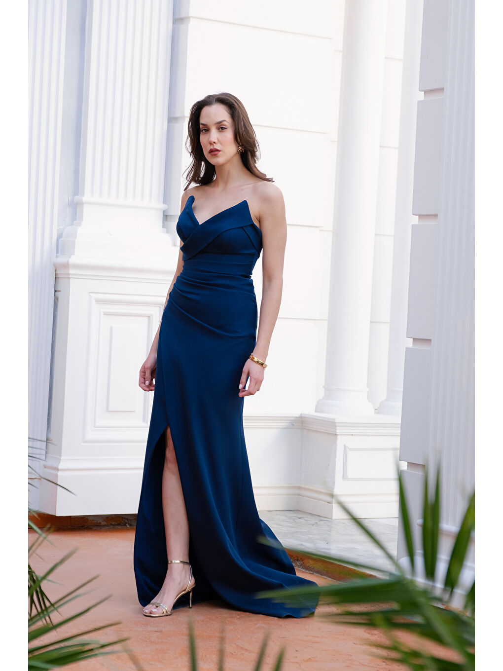 Kadın Lacivert Kedi Kulağı Pileli Uzun Abiye Elbise-3