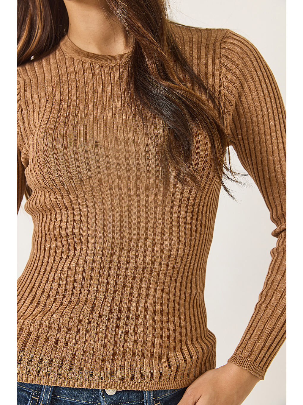 Kahverengi Kadın Ajurlu Bisiklet Yaka Metalik Simli Bluz-4