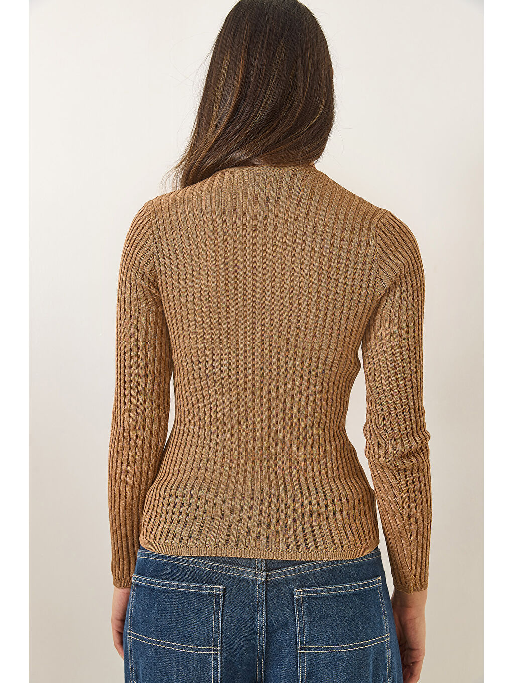 Kahverengi Kadın Ajurlu Bisiklet Yaka Metalik Simli Bluz-5