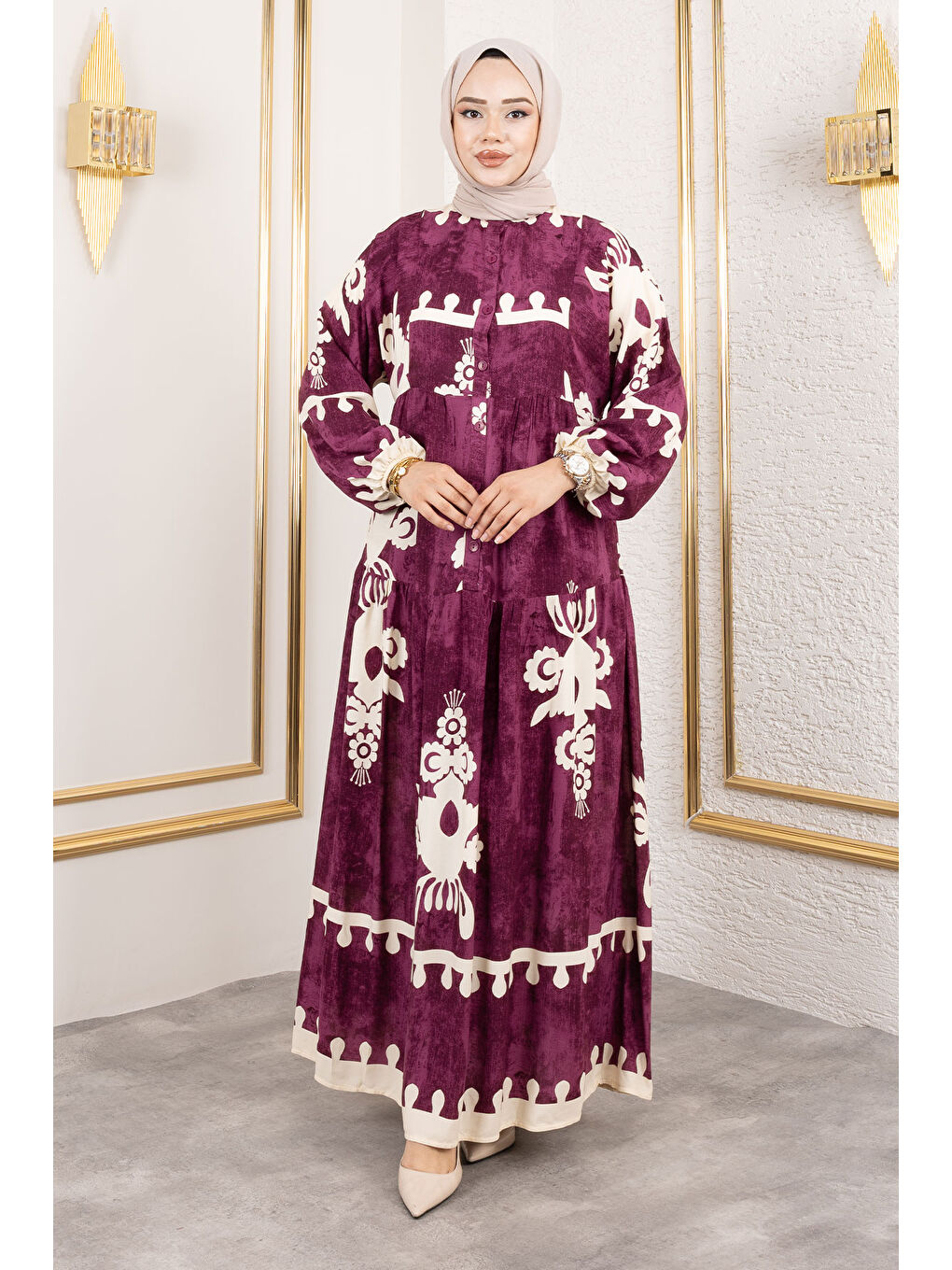 Düğmeli Viskon Elbise TSD250208 Mürdüm-3