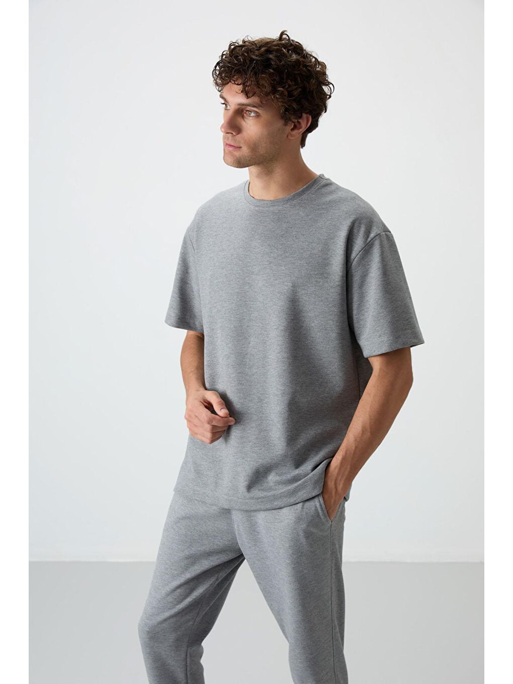 AIR JONES Gri Melanj Pamuklu Kalın Yumuşak Dokulu Oversize Fit Basic Erkek Eşofman Takım - 85251 - 4