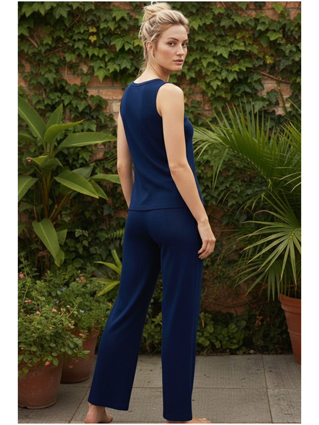 Lacivert Pointel Ajurlu/delikli Kolsuz Örme Pijama Takım26120566-2