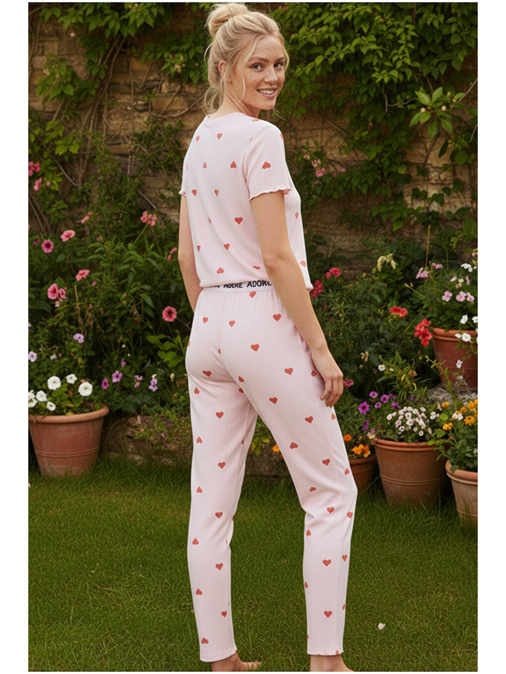 Pembe Kalp Desenli Lastikli Fitilli Kaşkorse Örme Pijama Takım26120601-2
