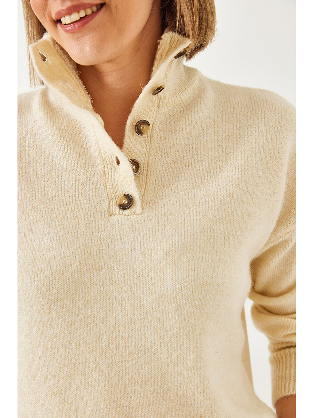 Ekru Kadın Kolu Patlı Triko Kazak-4