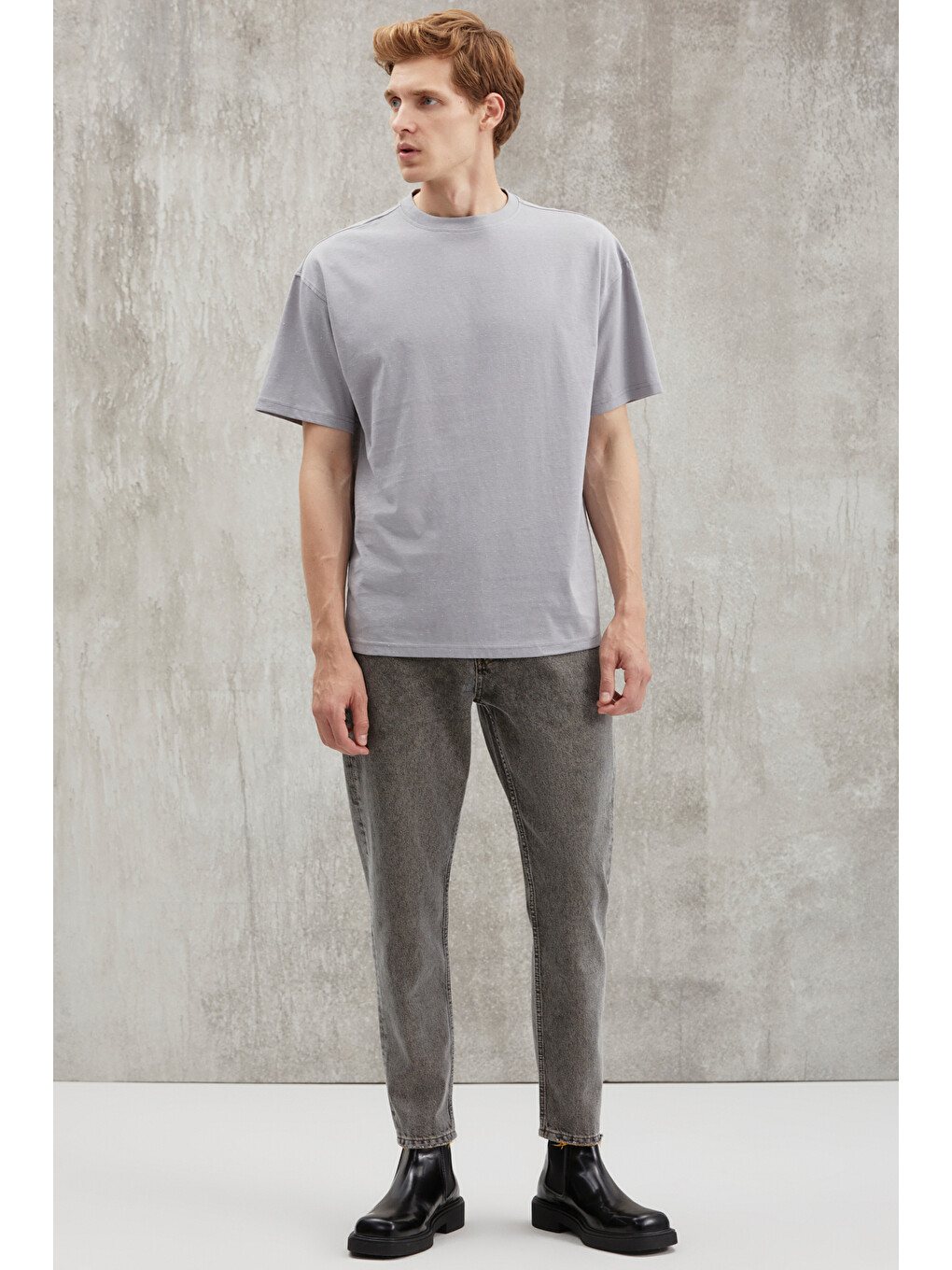Gri STERLING Erkek Oversize Fit Yagmur Damlacıklı Görüntülü Özel Dokulu GRİ T-Shirt-1