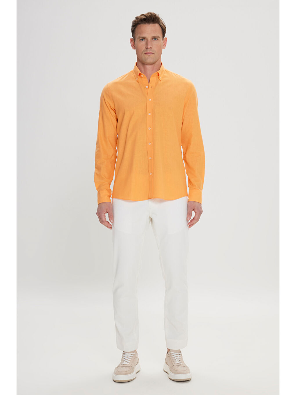 Erkek Turuncu %100 Pamuk Oxford Slim Fit Dar Kesim Düğmeli Yaka Flamlı Gömlek-1