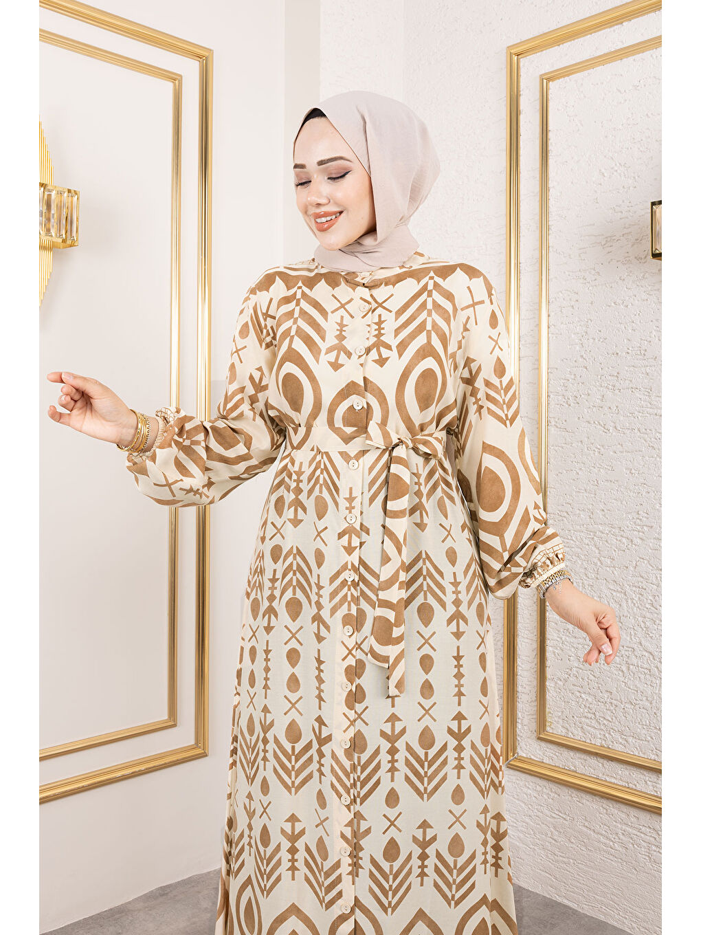 Kahverengi Boydan Düğmeli Viskon Elbise TSD250214 Camel-1