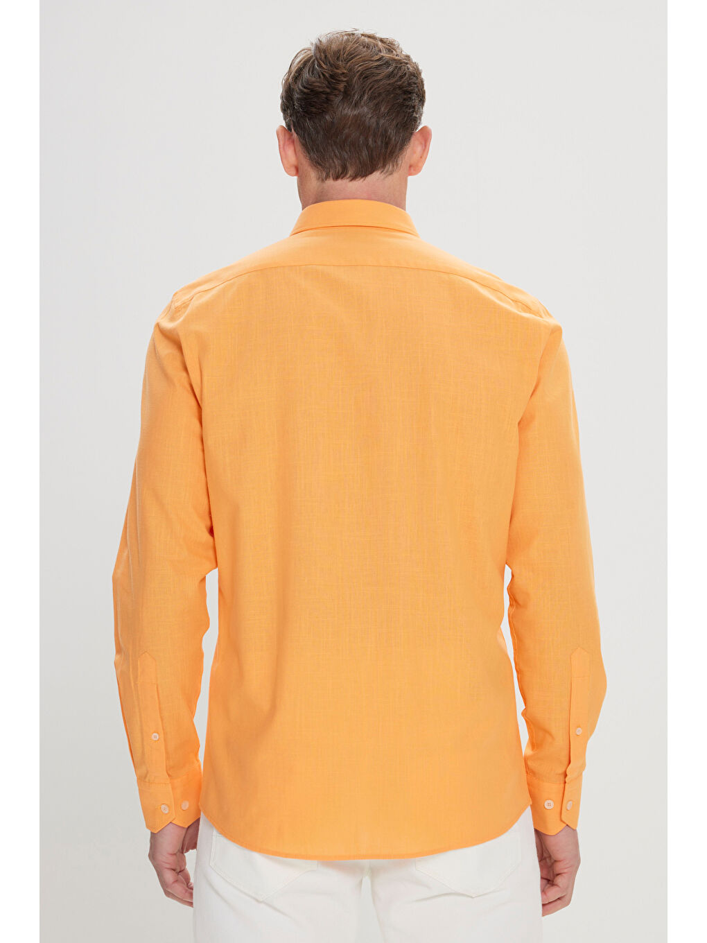 Erkek Turuncu %100 Pamuk Oxford Slim Fit Dar Kesim Düğmeli Yaka Flamlı Gömlek-3