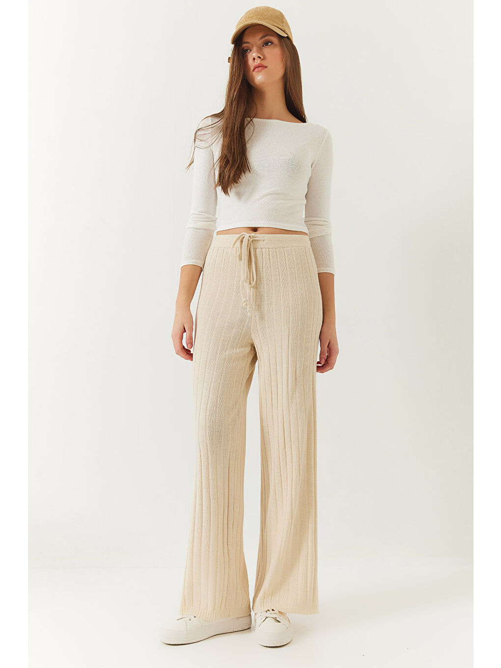 Ekru Kadın Beli Lastikli Fitilli Palazzo Pantolon