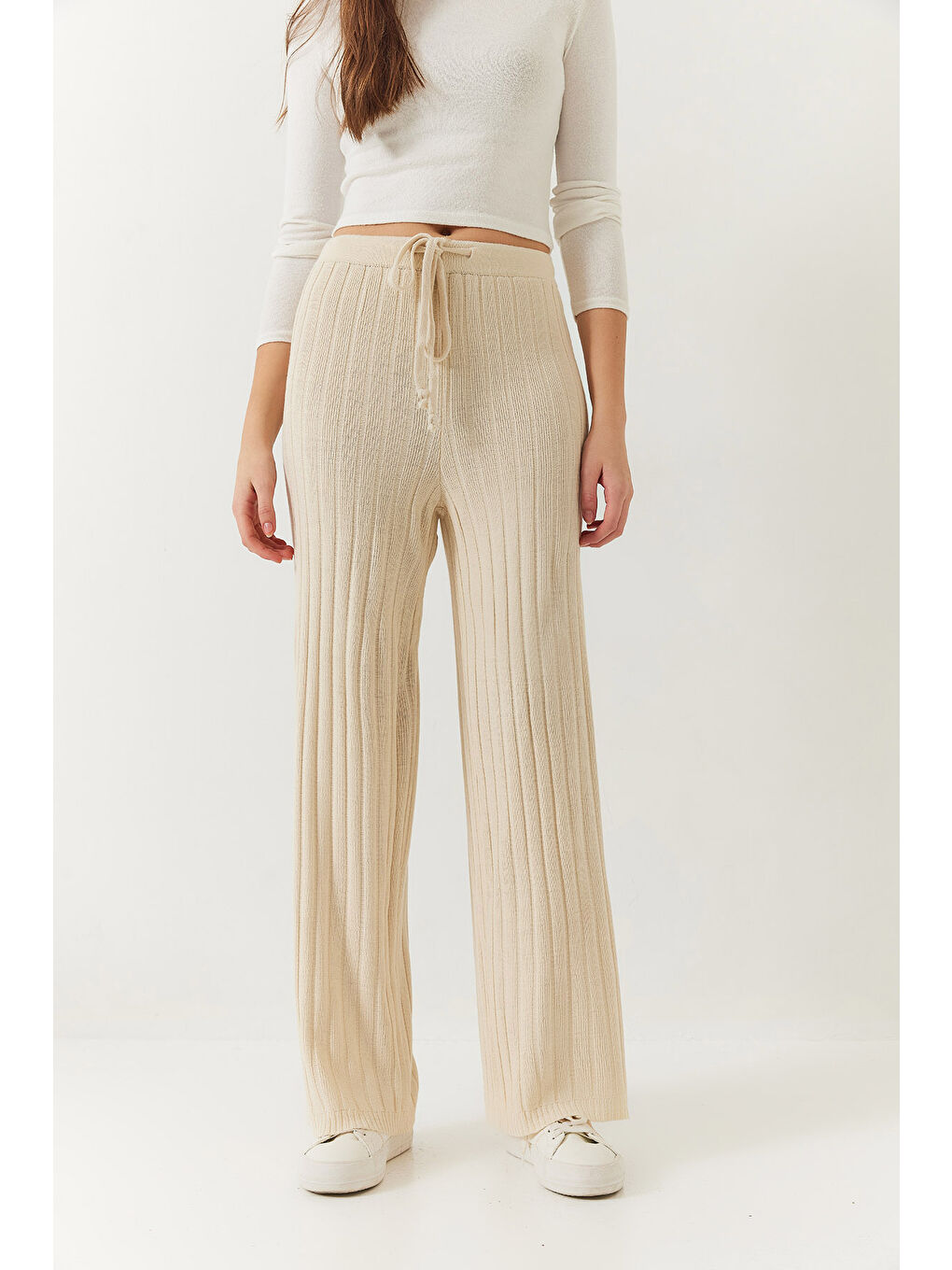 Ekru Kadın Beli Lastikli Fitilli Palazzo Pantolon-1