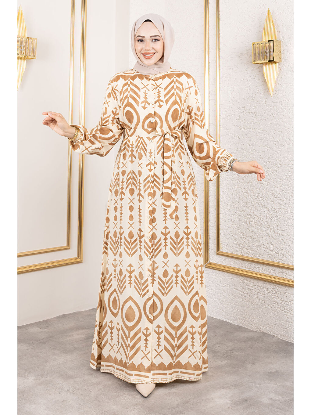 Kahverengi Boydan Düğmeli Viskon Elbise TSD250214 Camel-2
