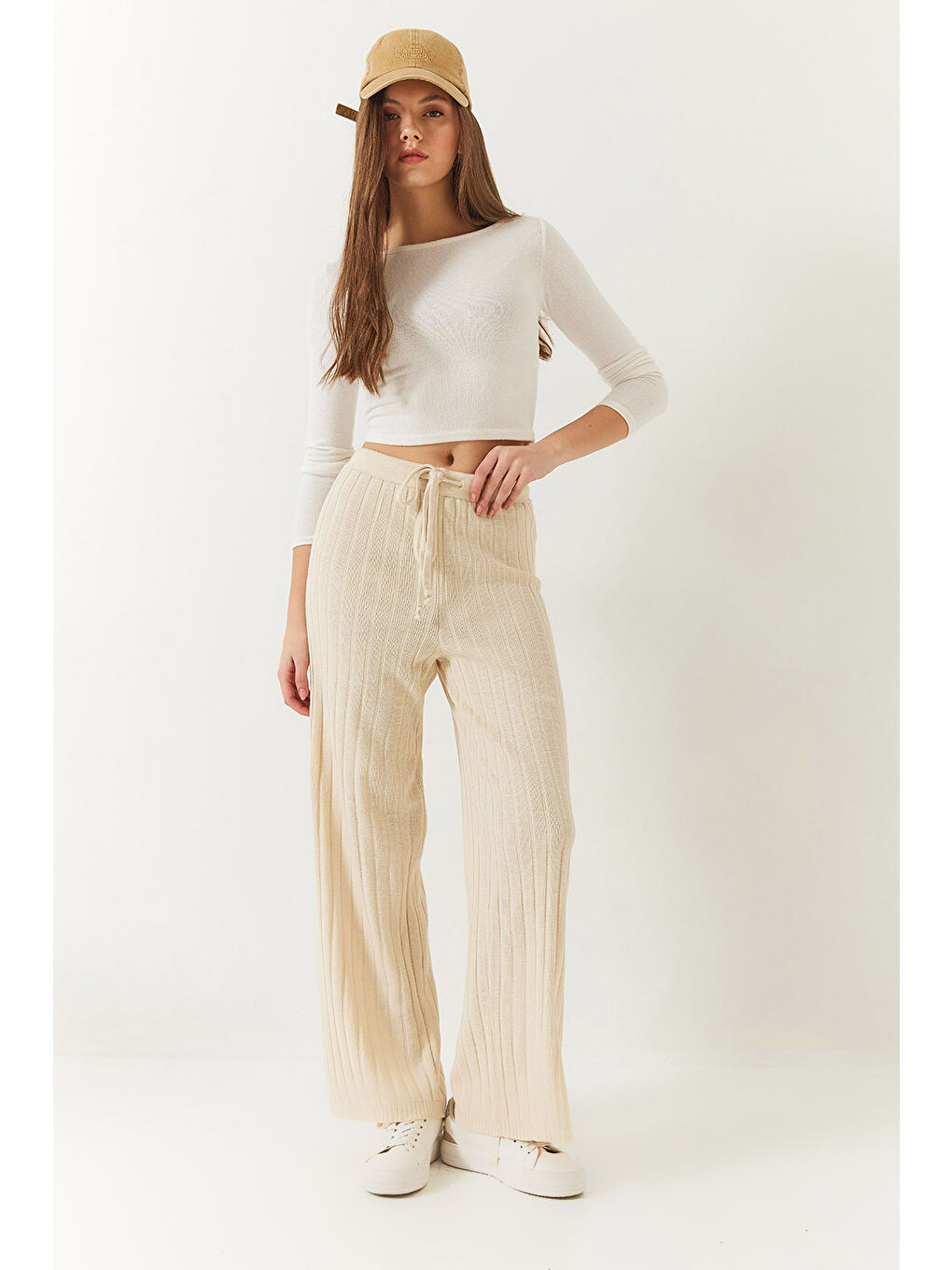 Ekru Kadın Beli Lastikli Fitilli Palazzo Pantolon-2