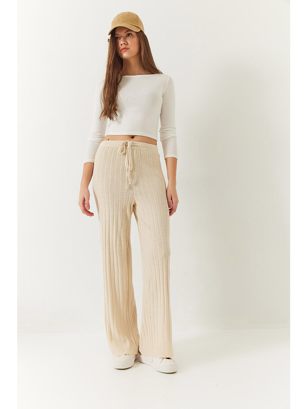 Ekru Kadın Beli Lastikli Fitilli Palazzo Pantolon-3