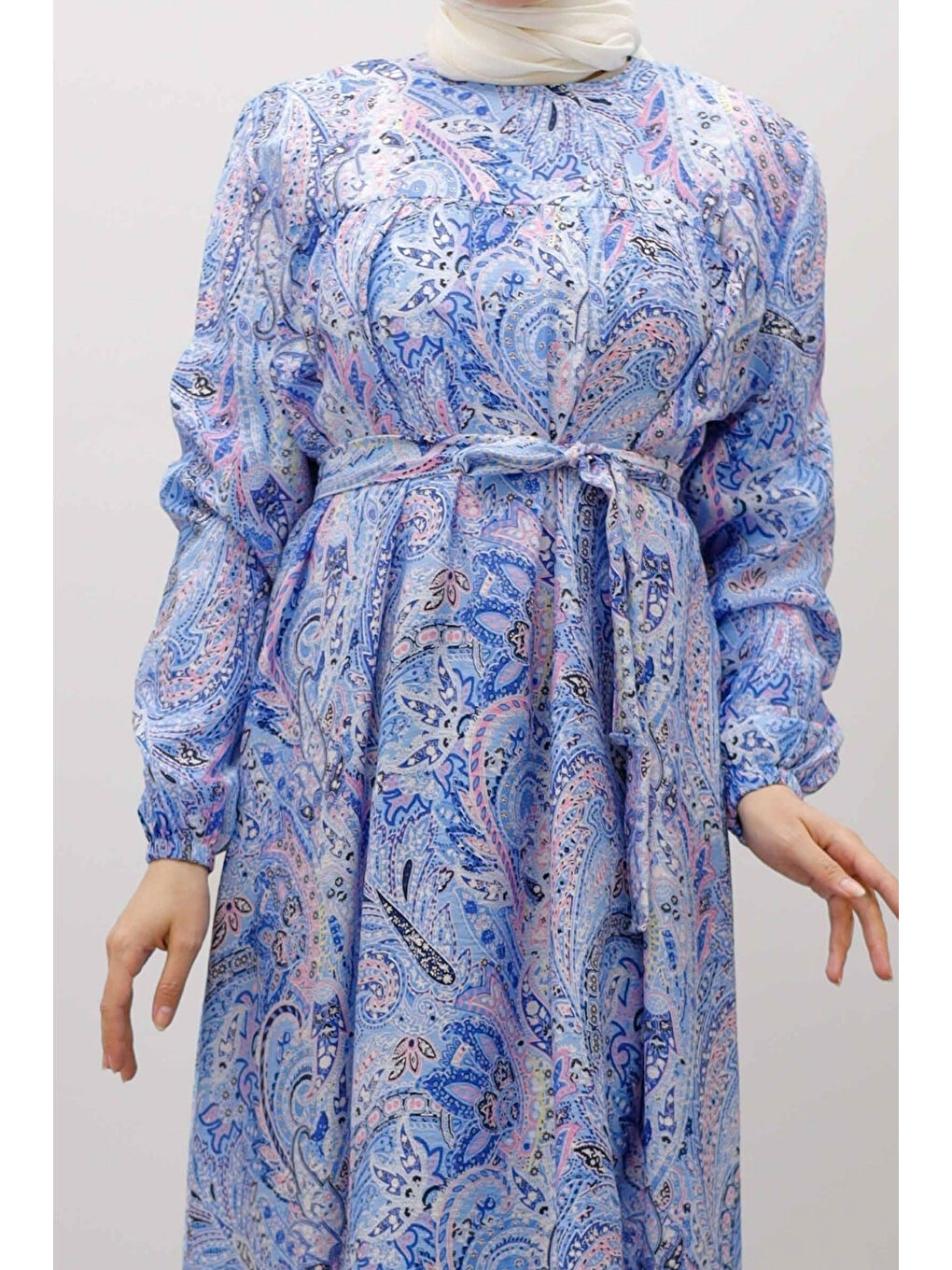 Desenli Robalı Elbise TSD250267 Mavi-3