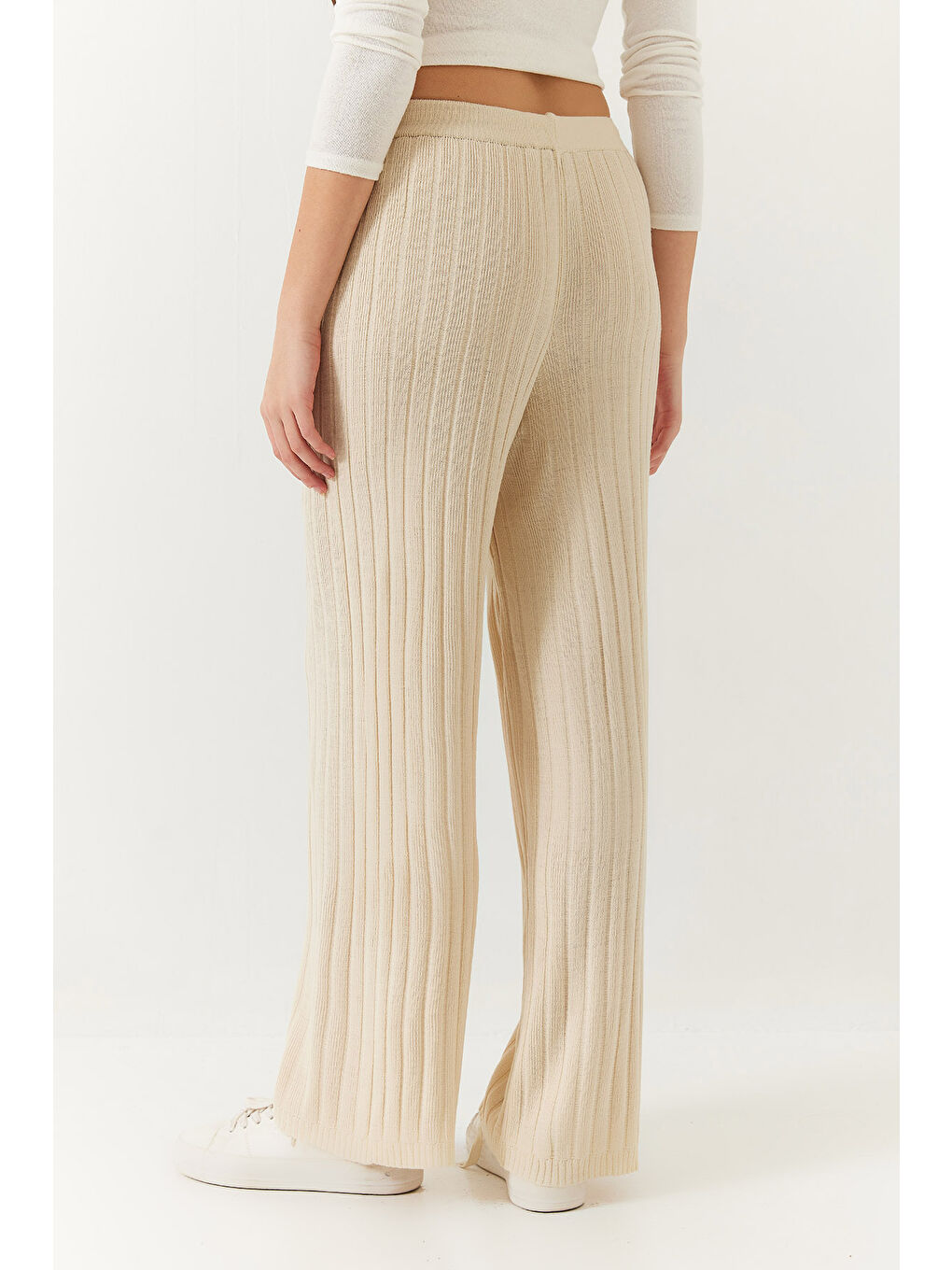 Ekru Kadın Beli Lastikli Fitilli Palazzo Pantolon-5