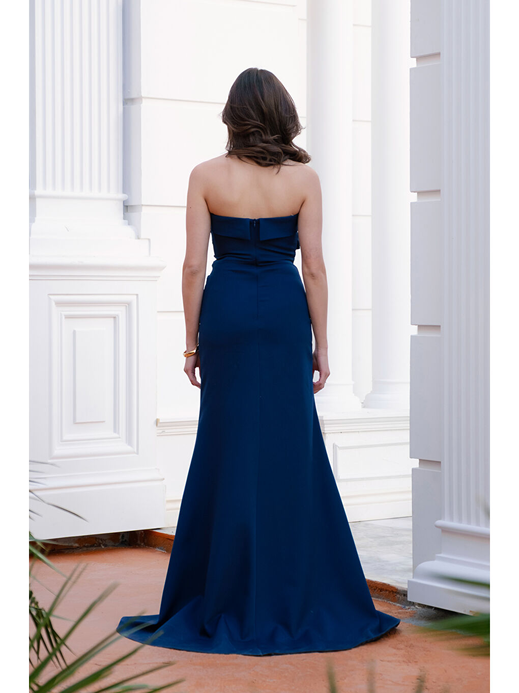 Kadın Lacivert Kedi Kulağı Pileli Uzun Abiye Elbise-5