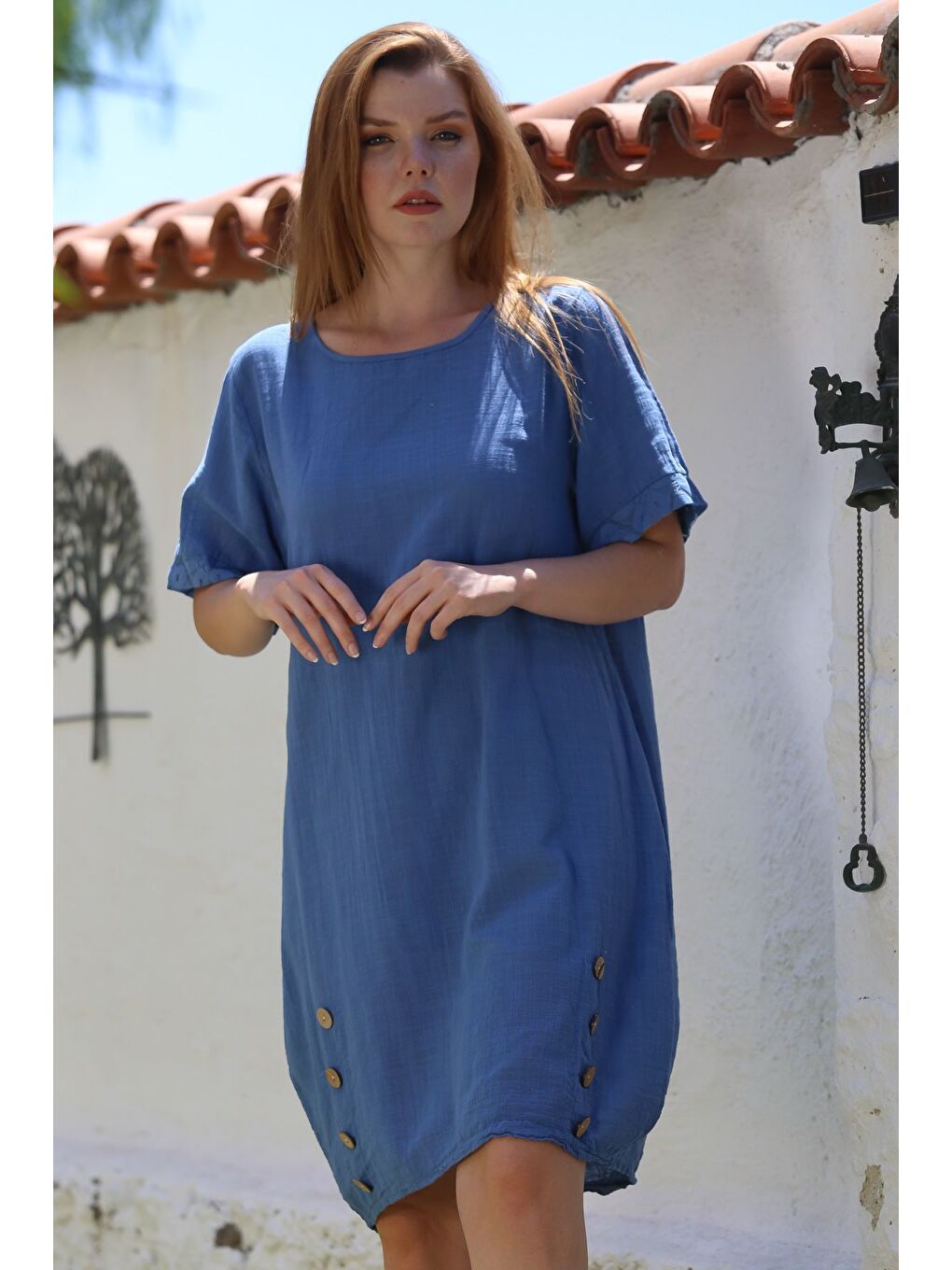 İtalyan İndigo Havuz Yaka Kısa Kol Düğmeli Casual Keten Görünümlü Dokuma Elbise 97 60-2