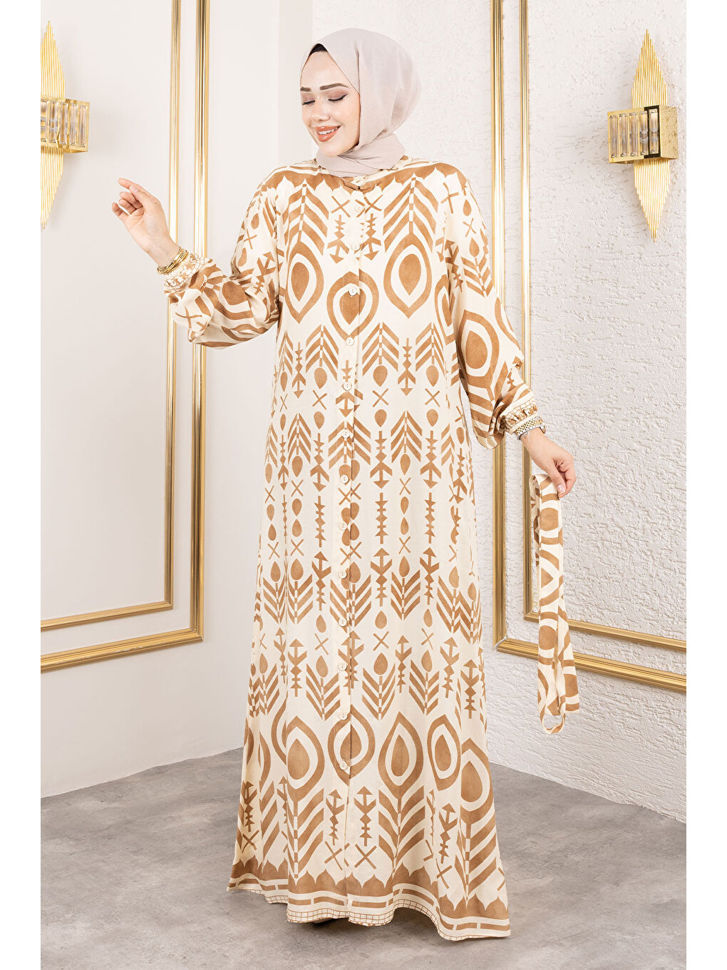 Kahverengi Boydan Düğmeli Viskon Elbise TSD250214 Camel-3