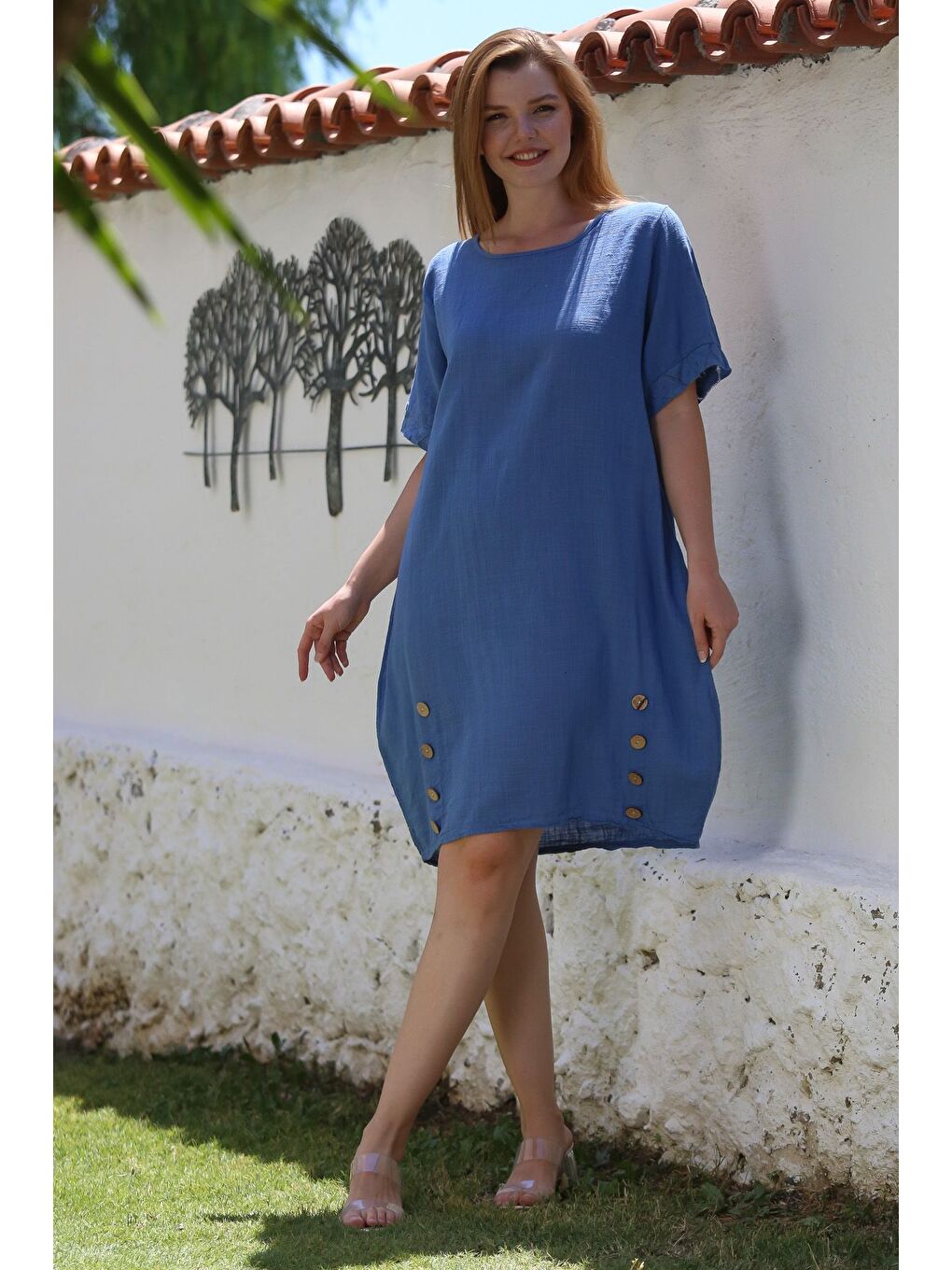 İtalyan İndigo Havuz Yaka Kısa Kol Düğmeli Casual Keten Görünümlü Dokuma Elbise 97 60-4
