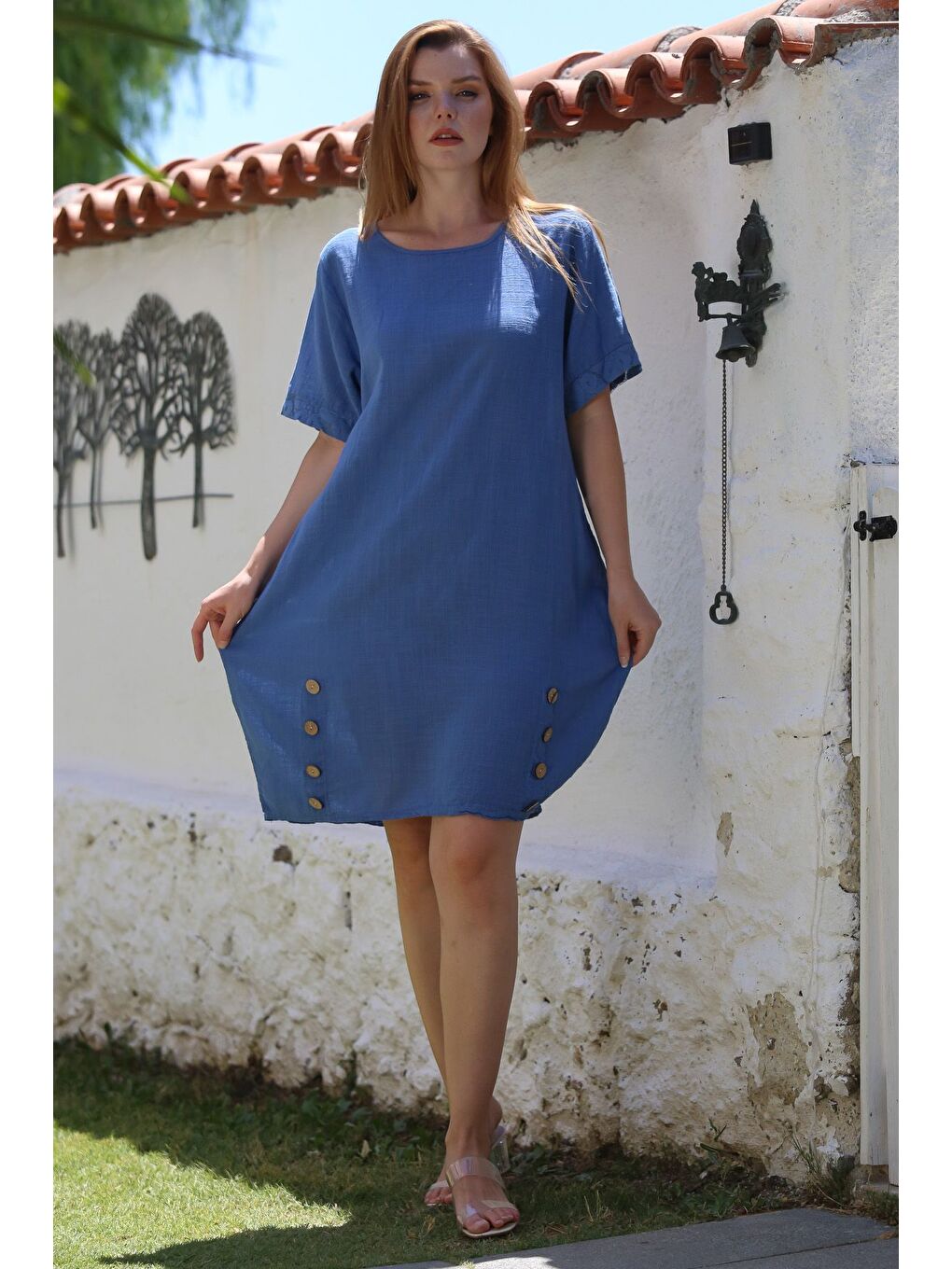 İtalyan İndigo Havuz Yaka Kısa Kol Düğmeli Casual Keten Görünümlü Dokuma Elbise 97 60-5