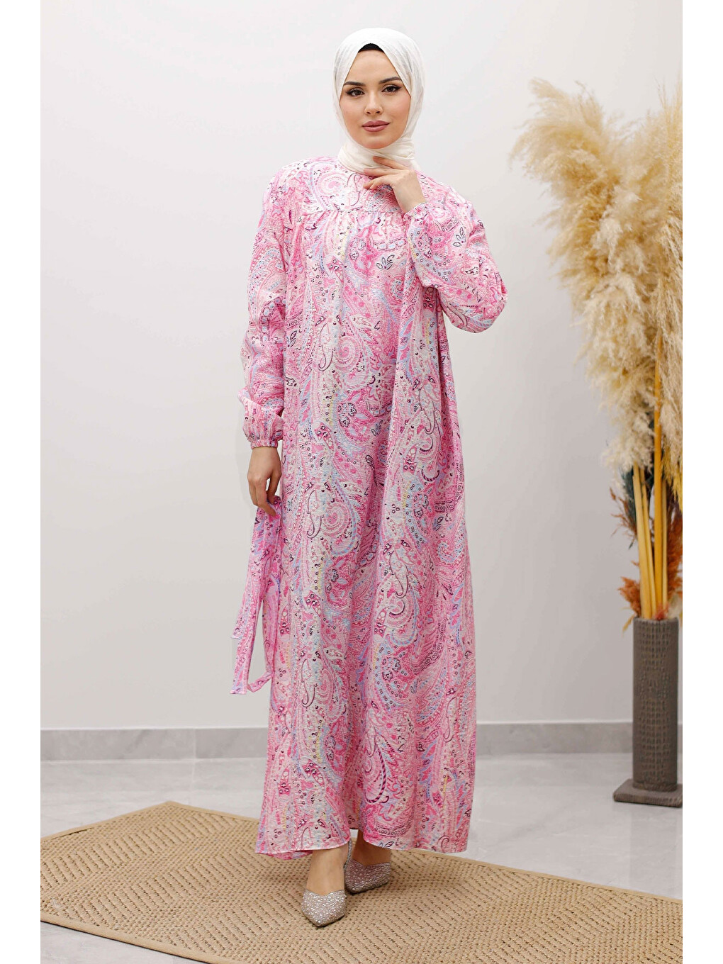 Desenli Robalı Elbise TSD250267 Pembe-2