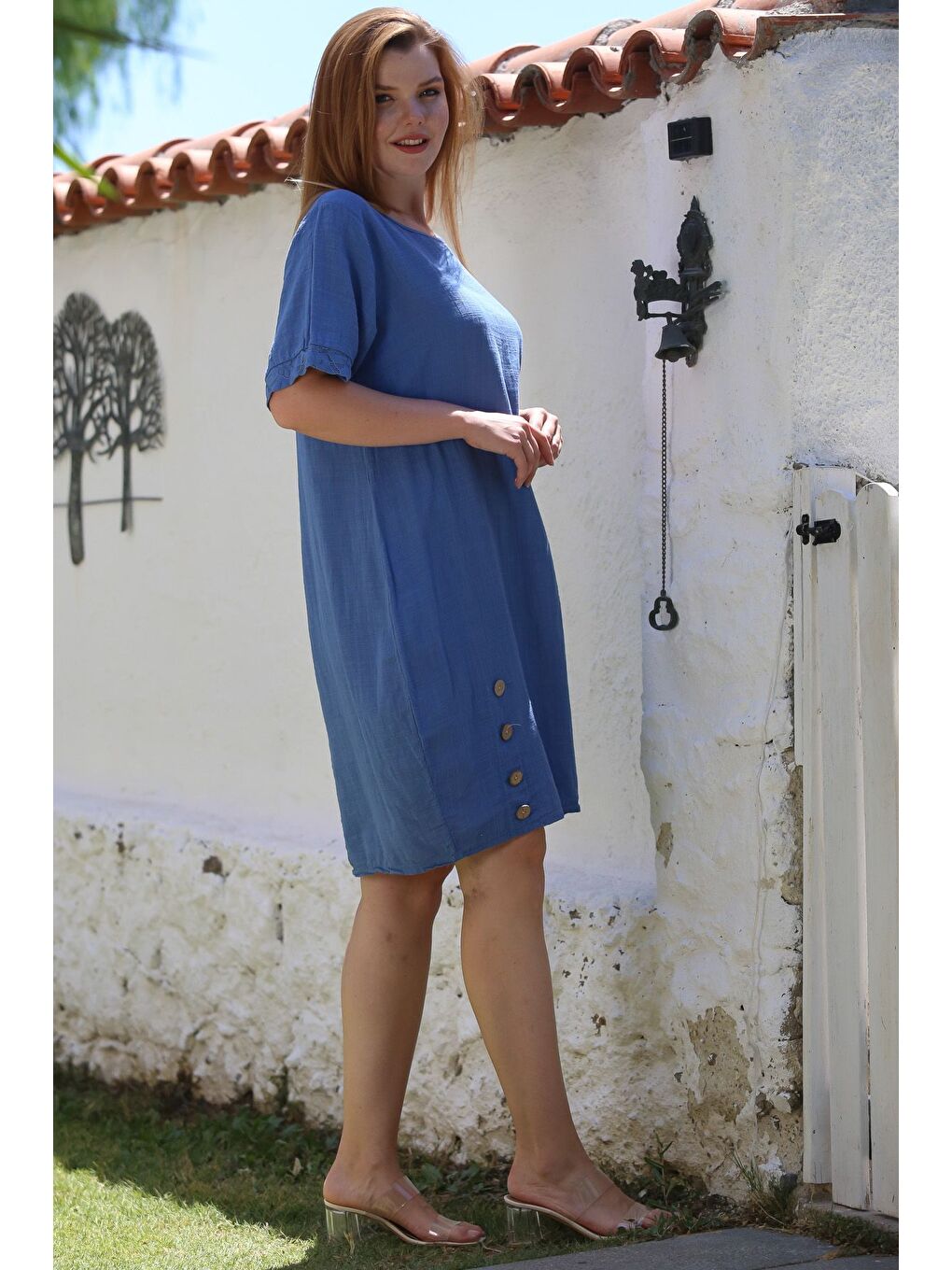 İtalyan İndigo Havuz Yaka Kısa Kol Düğmeli Casual Keten Görünümlü Dokuma Elbise 97 60-7