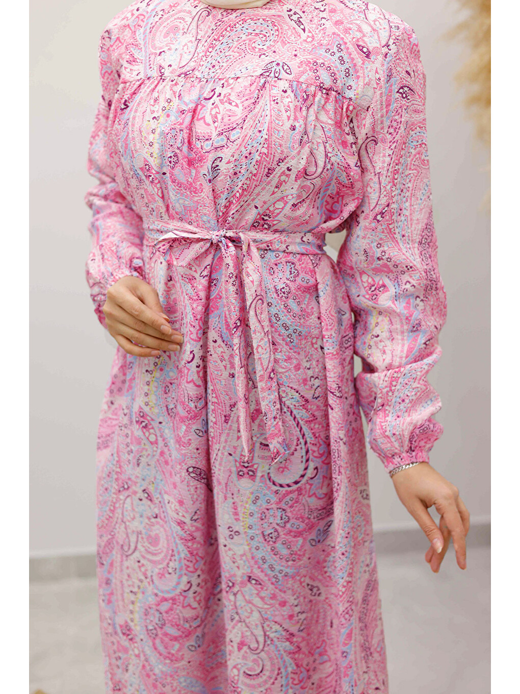 Desenli Robalı Elbise TSD250267 Pembe-3