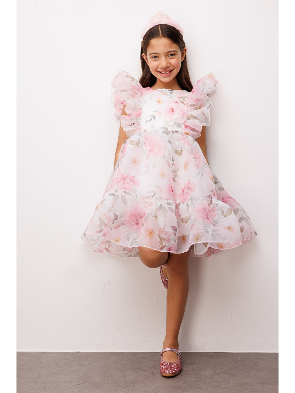 Pembe Çiçek Desenli Organze Kız Çocuk Elbise - Uliana-1