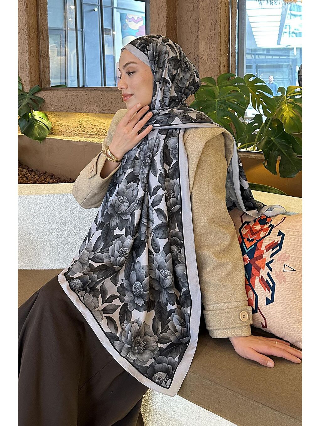 Lotus Desen Bambu Şal Gri-2