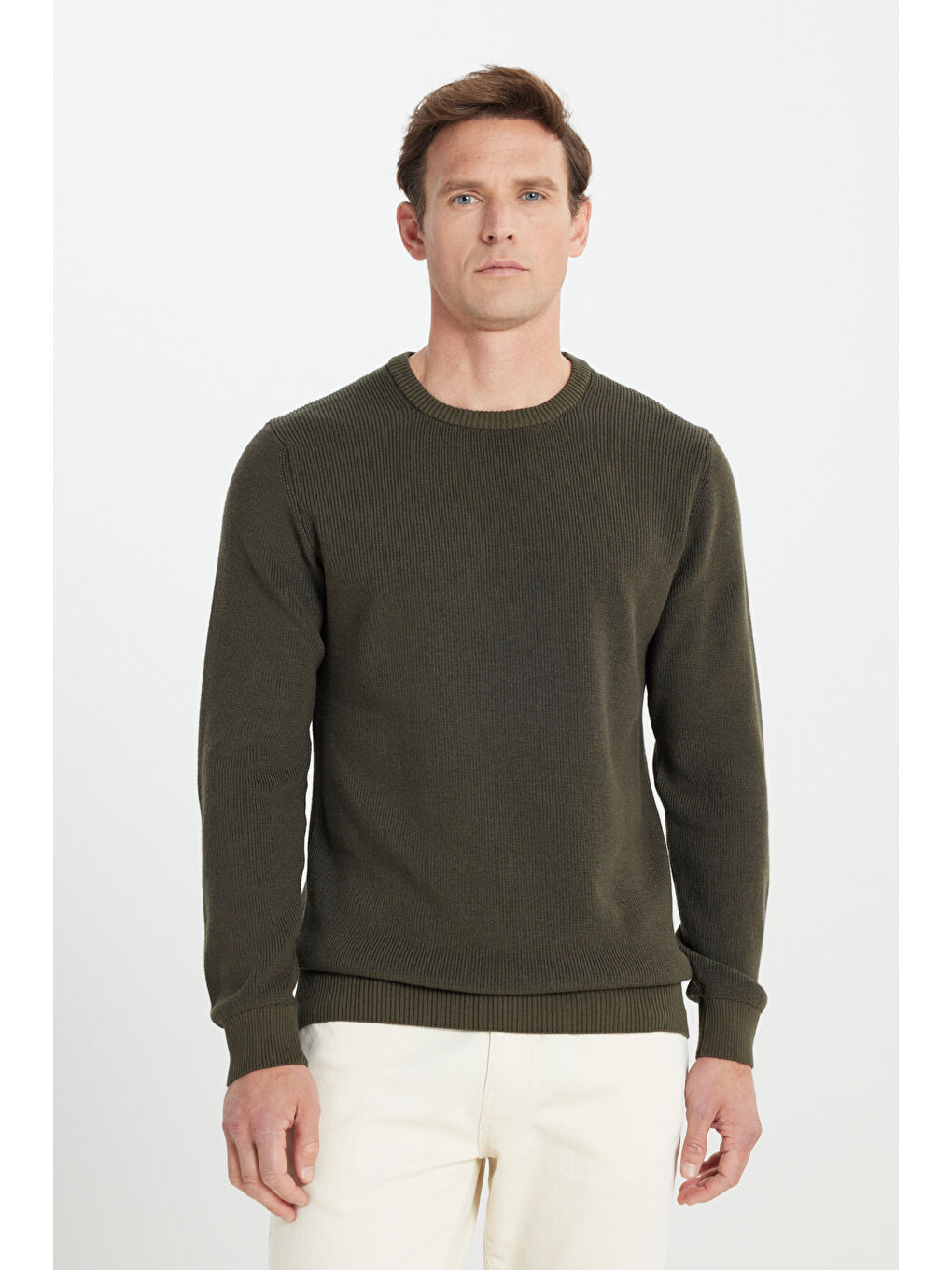 Erkek Haki Pamuklu Standart Fit Normal Kesim Selanik Örgü Bisiklet Yaka Triko Kazak