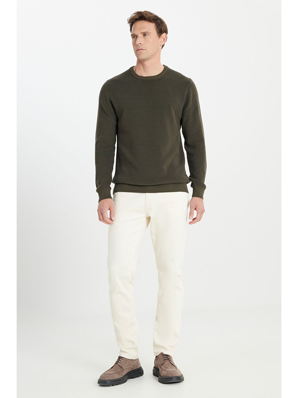 Erkek Haki Pamuklu Standart Fit Normal Kesim Selanik Örgü Bisiklet Yaka Triko Kazak-1