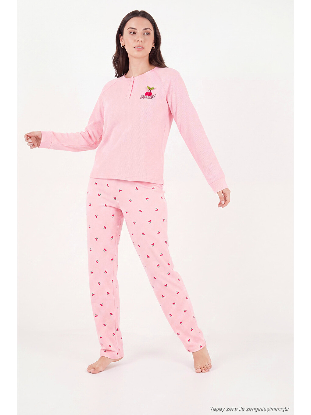 Pembe Desenli Düğmeli Bisiklet Yaka Uzun Kollu Kadın Pijama Takımı 6575021-1