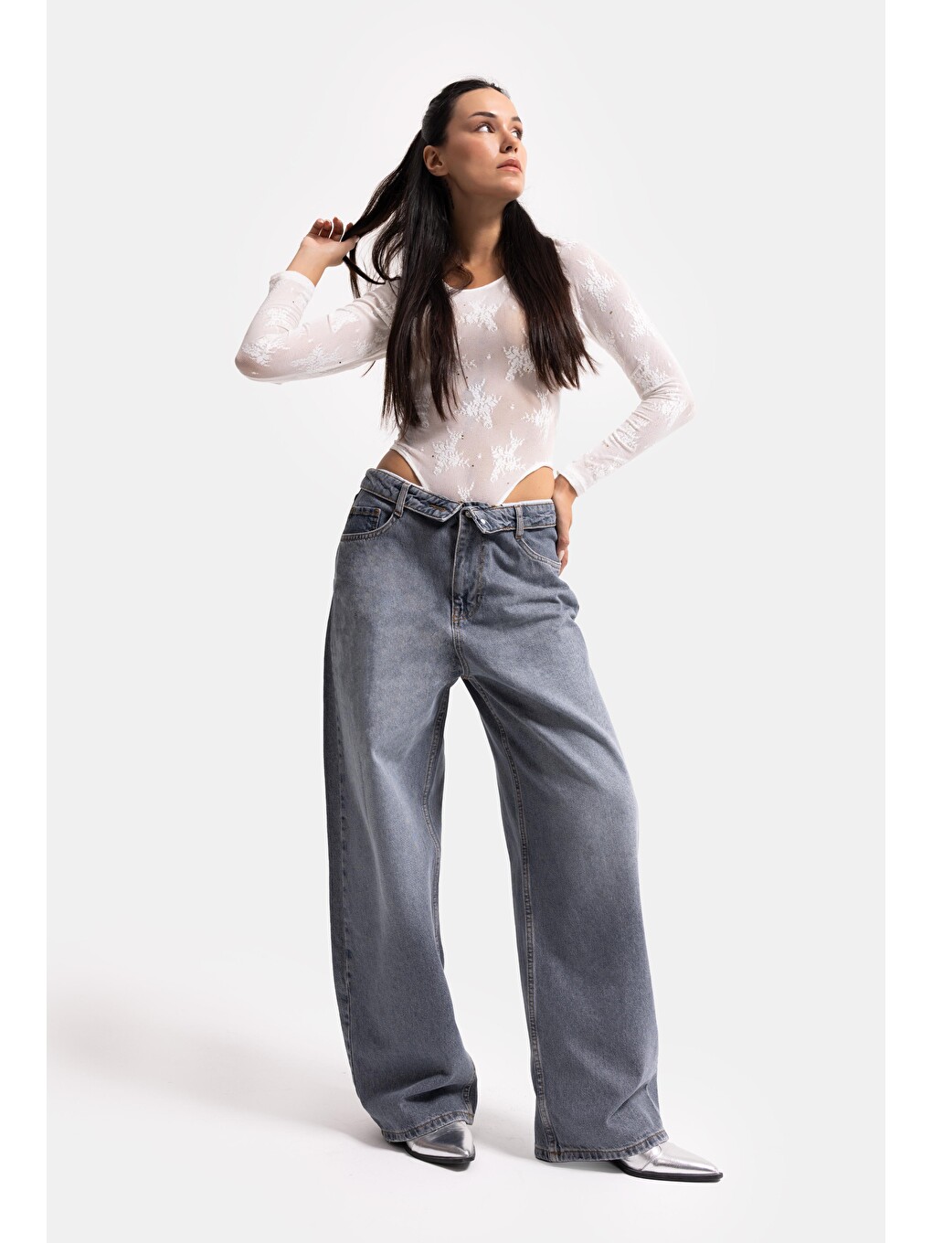Kadın Koyu Gri 2w6-125 Straight Fit Kemer Detaylı Denim Jean-3