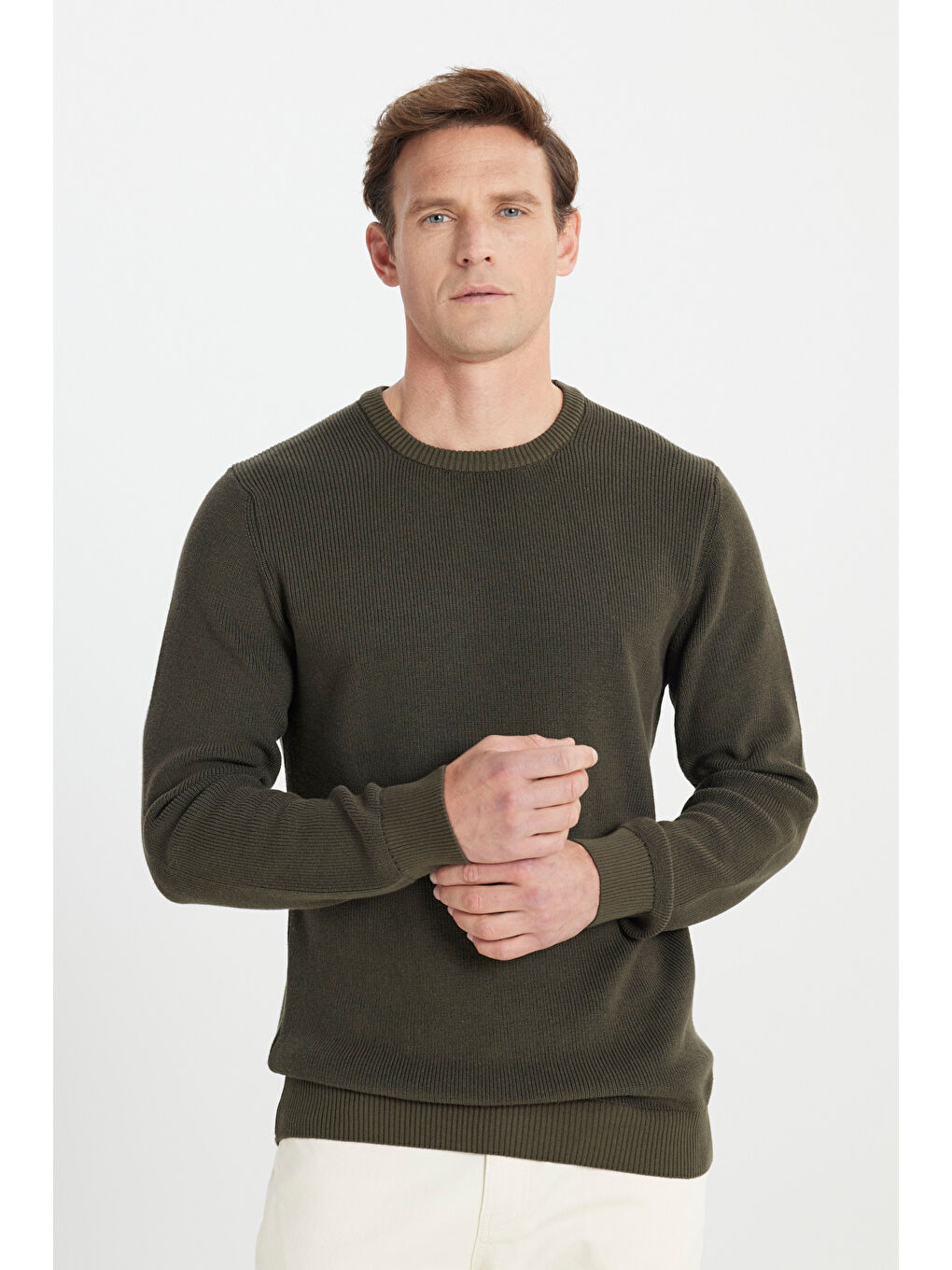 Erkek Haki Pamuklu Standart Fit Normal Kesim Selanik Örgü Bisiklet Yaka Triko Kazak-2