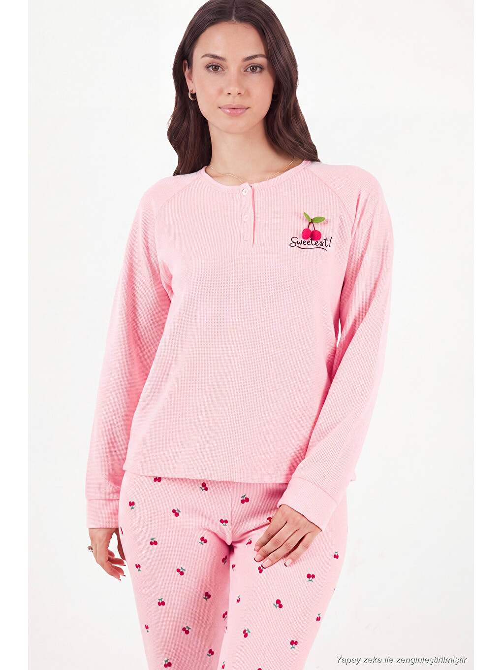 Pembe Desenli Düğmeli Bisiklet Yaka Uzun Kollu Kadın Pijama Takımı 6575021-2