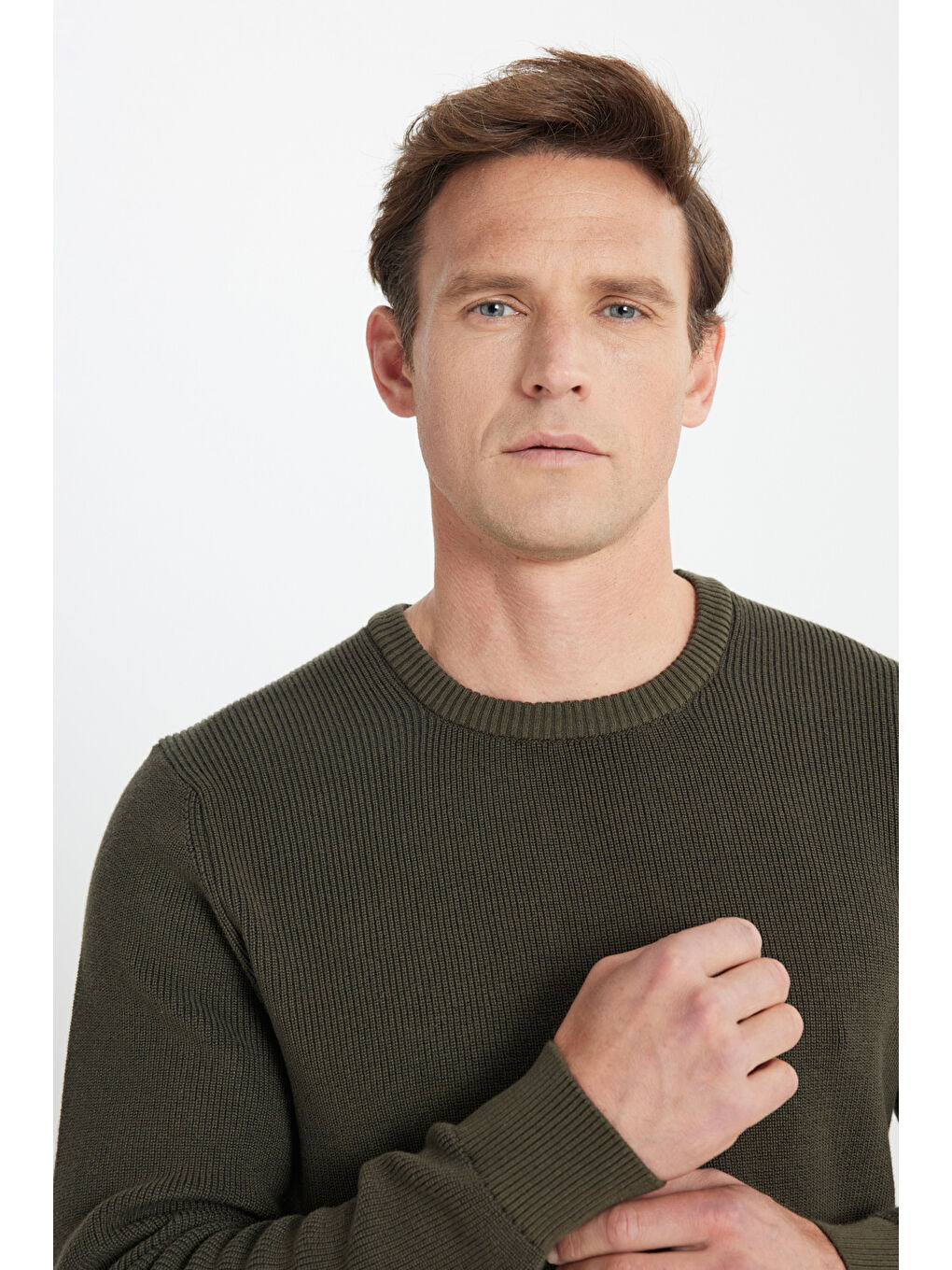 Erkek Haki Pamuklu Standart Fit Normal Kesim Selanik Örgü Bisiklet Yaka Triko Kazak-3