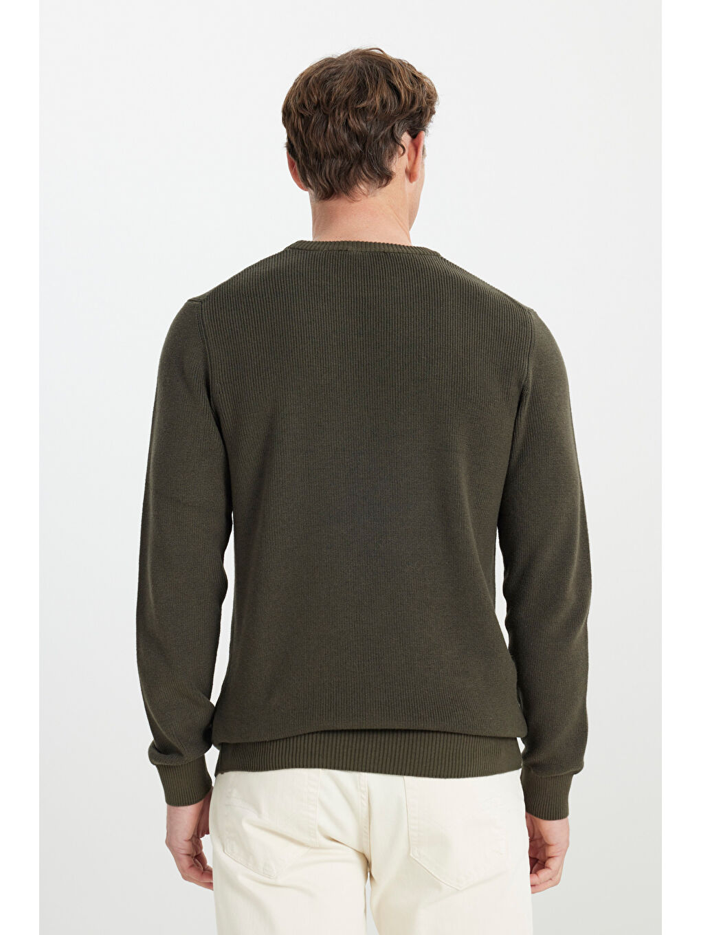 Erkek Haki Pamuklu Standart Fit Normal Kesim Selanik Örgü Bisiklet Yaka Triko Kazak-4