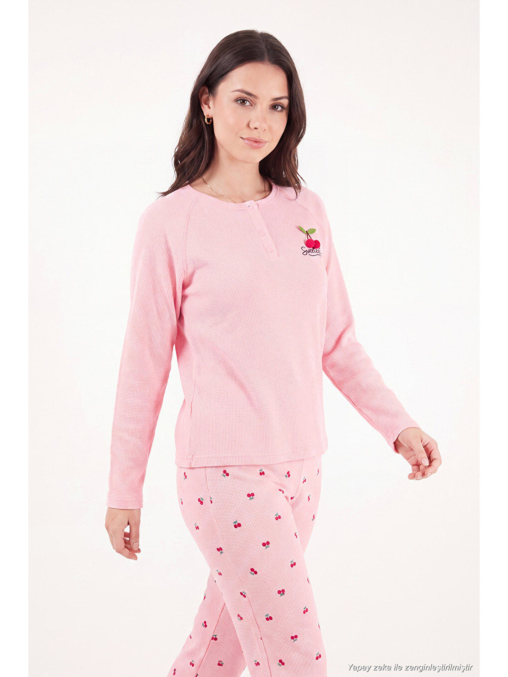 Pembe Desenli Düğmeli Bisiklet Yaka Uzun Kollu Kadın Pijama Takımı 6575021-3