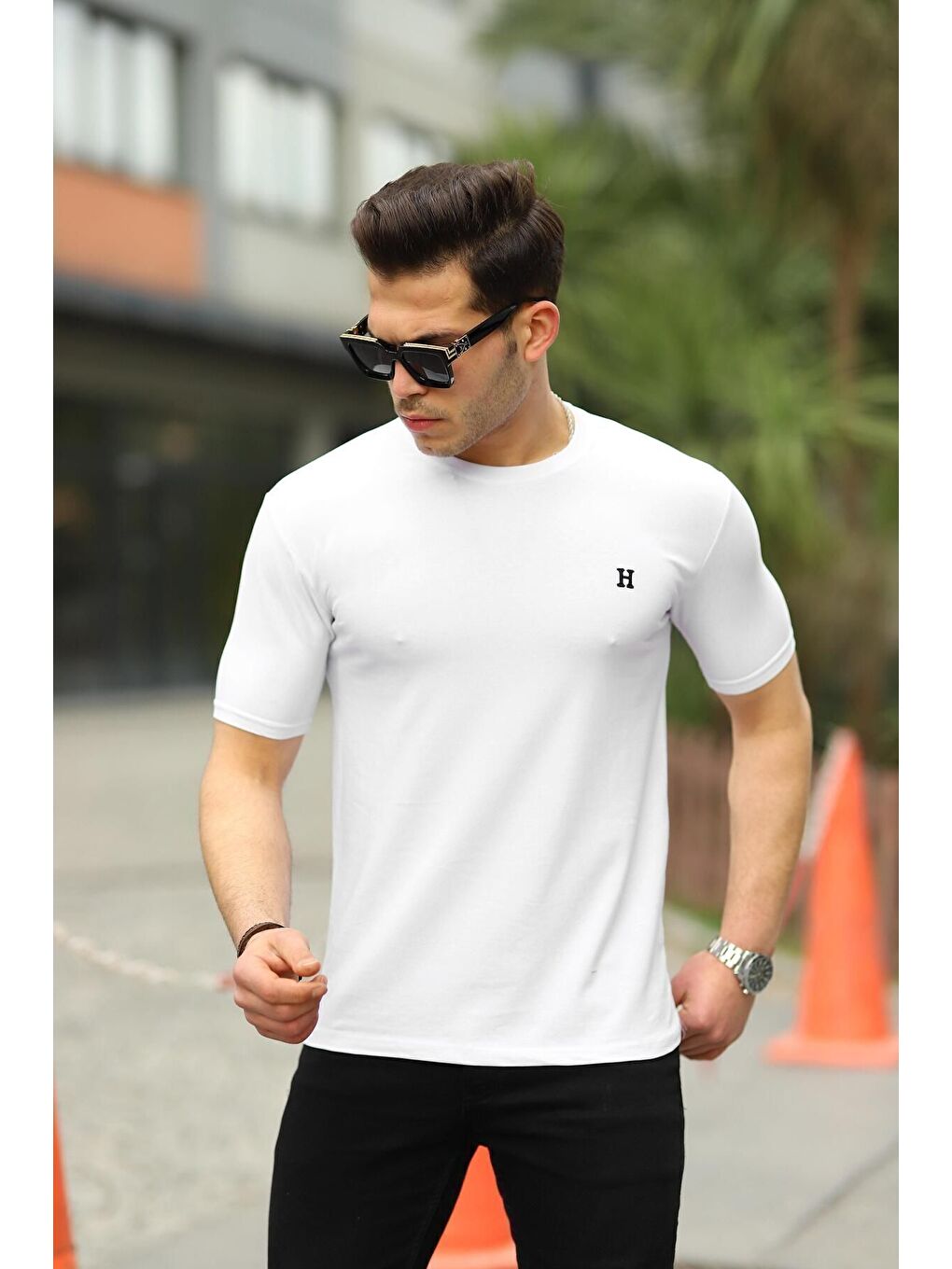 Beyaz Erkek H Nakış Desenli Oversize Tshirt-2