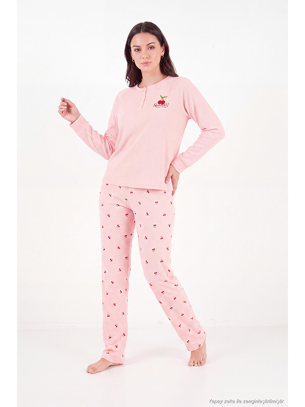 Pembe Desenli Düğmeli Bisiklet Yaka Uzun Kollu Kadın Pijama Takımı 6575021-4